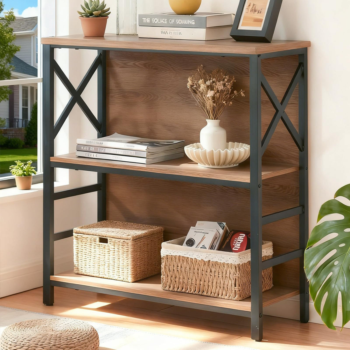 3 Tier Rustic Brown Bookshelf with Metal Frame and Backboard E239