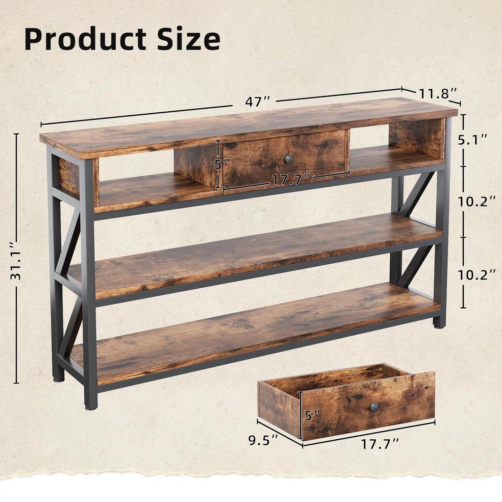47 Inch Rustic Brown Console Table with Drawer Shelves D15325