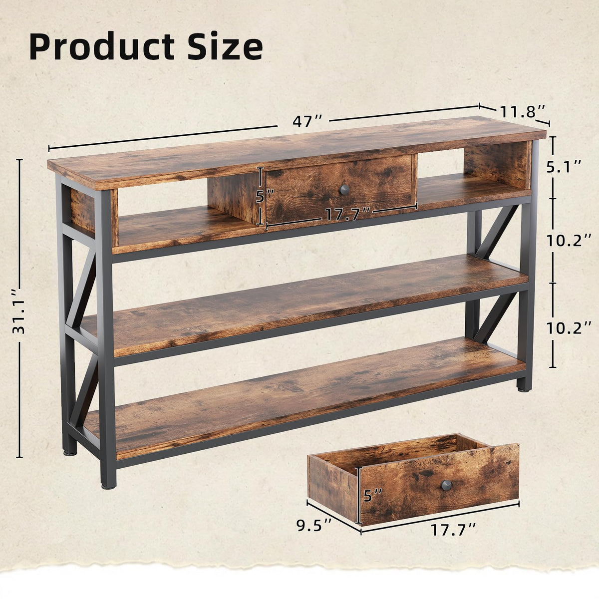 47 Inch Rustic Brown Console Table with Drawer Shelves D15325