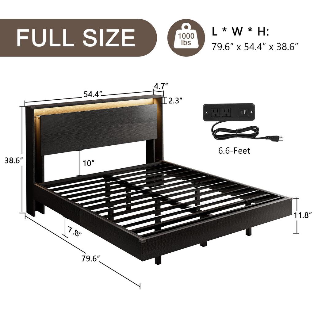 Full Size Wood Bed Frame with Storage Headboard and LED Lights L965116