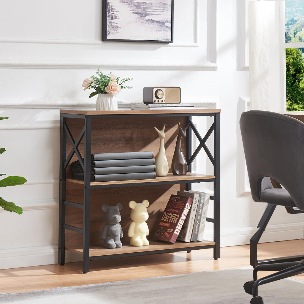 3 Tier Rustic Brown Bookshelf with Metal Frame and Backboard E239