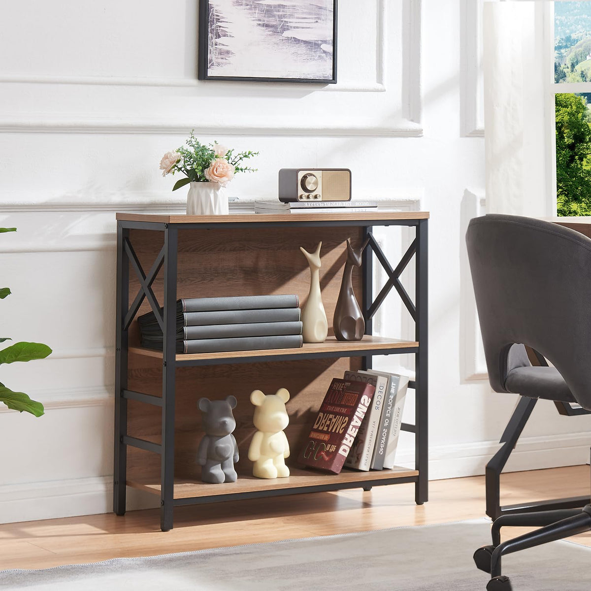 3 Tier Rustic Brown Bookshelf with Metal Frame and Backboard E239