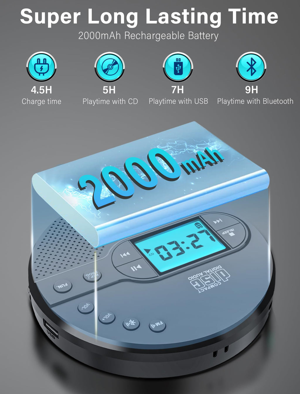 Portable CD Player with Bluetooth USB AUX FM I84940