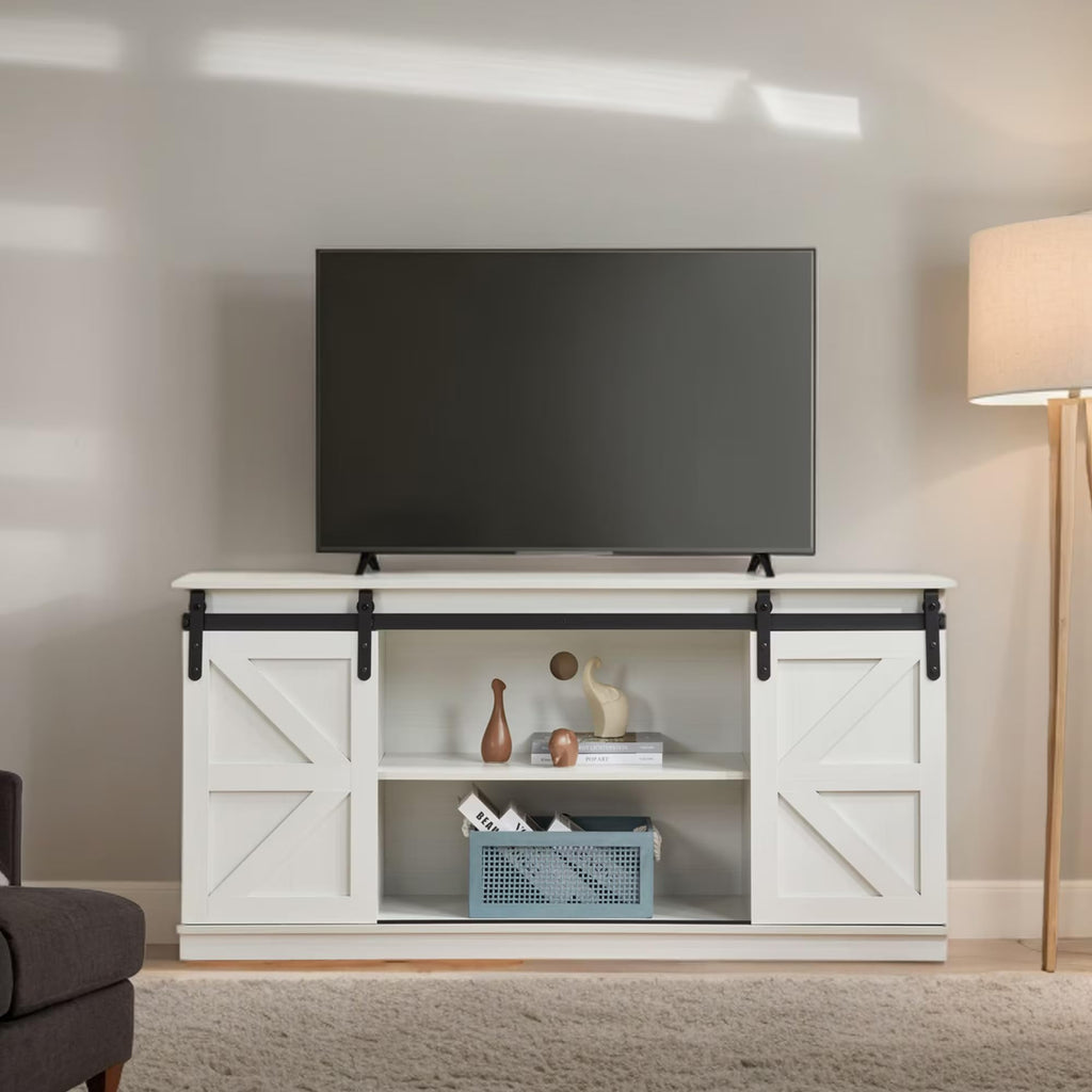 White 65 Inch TV Stand with Sliding Barn Doors and Storage H76275