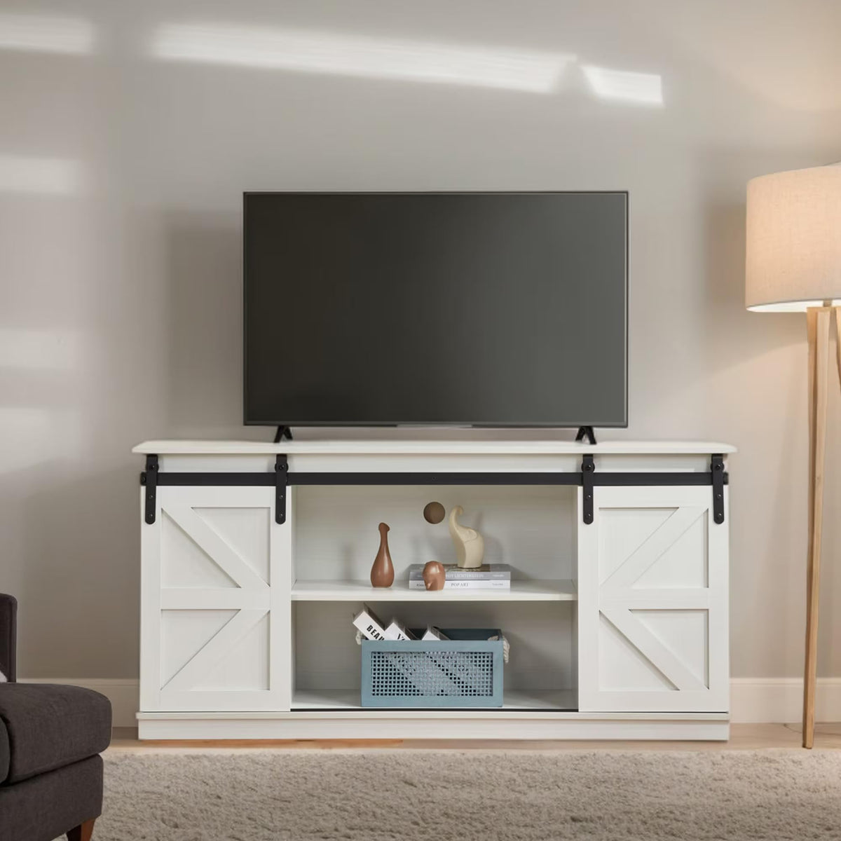 White 65 Inch TV Stand with Sliding Barn Doors and Storage H76275