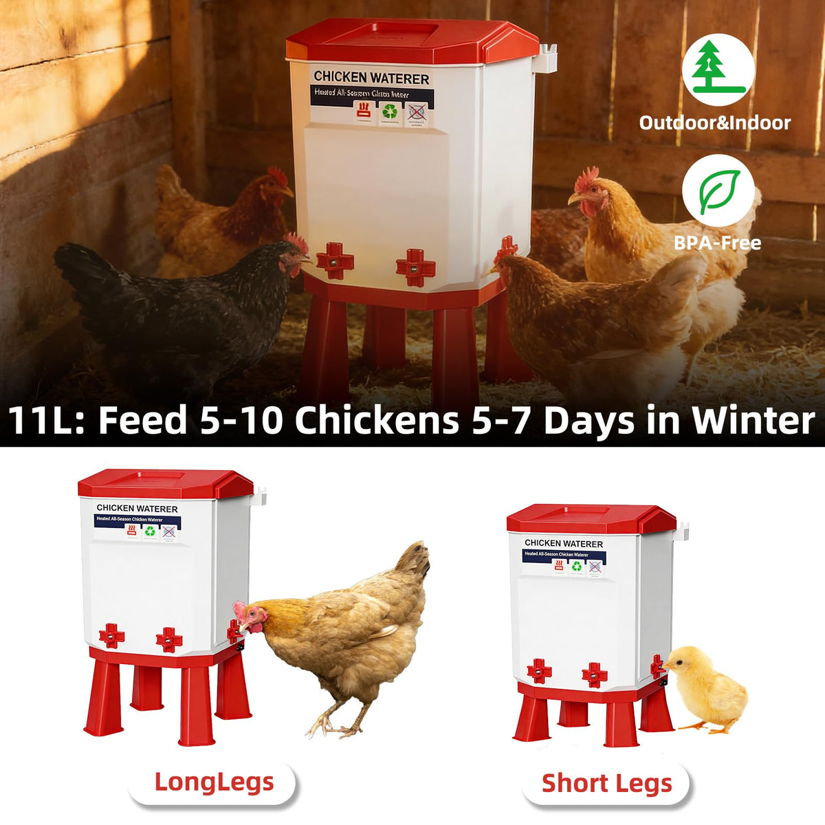 3-Gallon Heated Chicken Waterer with Heater and 4 Nipples W381