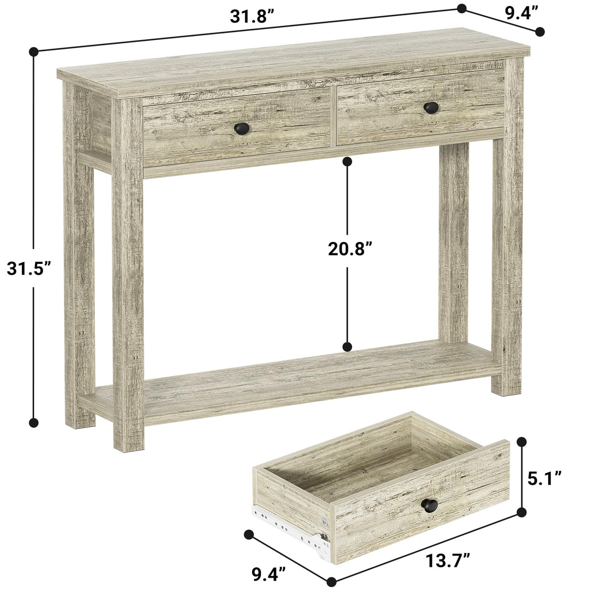 32 Inch Light Rustic Oak Console Table with 2 Drawers J9069