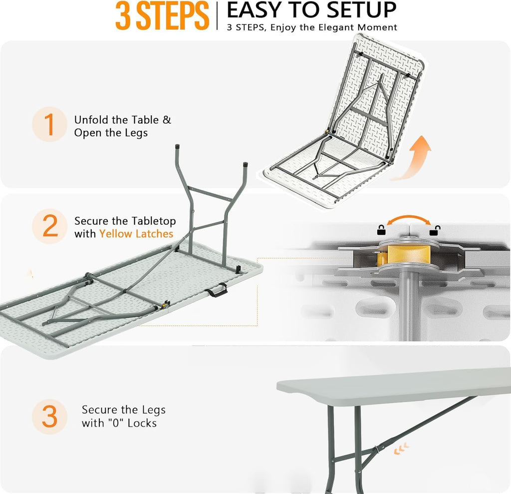 6FT White HDPE Folding Table with Carry Handle Y5614