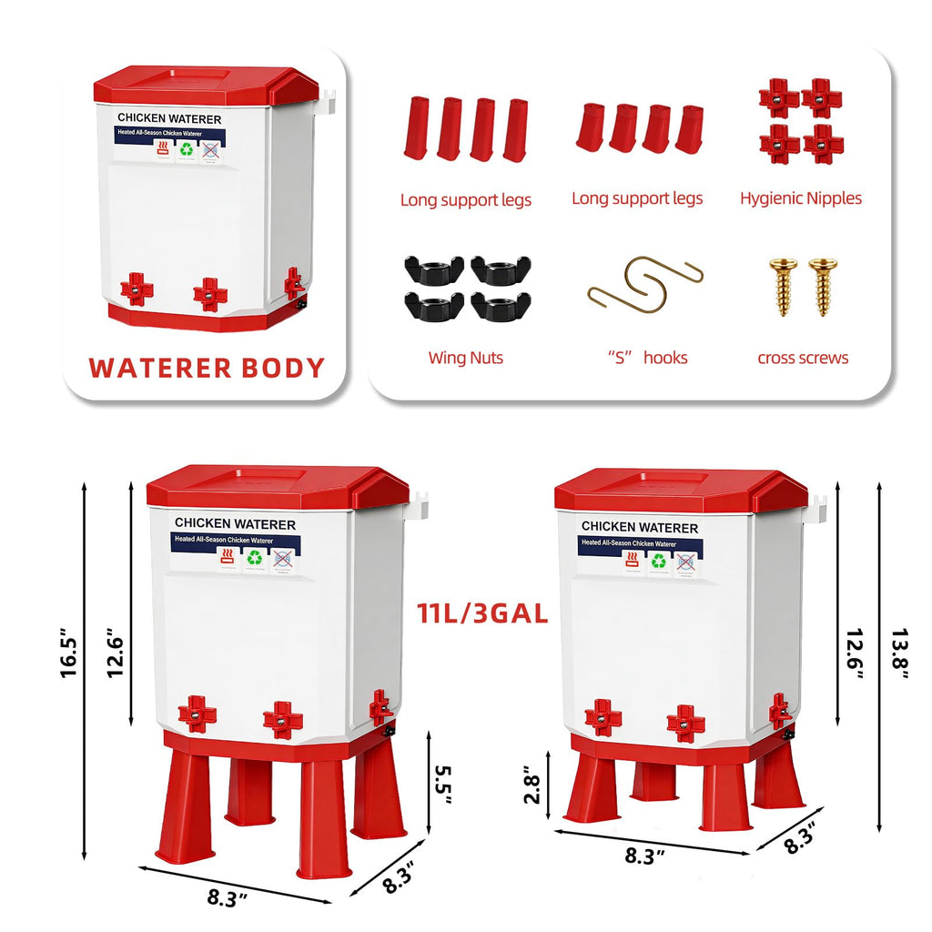 3-Gallon Heated Chicken Waterer with Heater and 4 Nipples W381