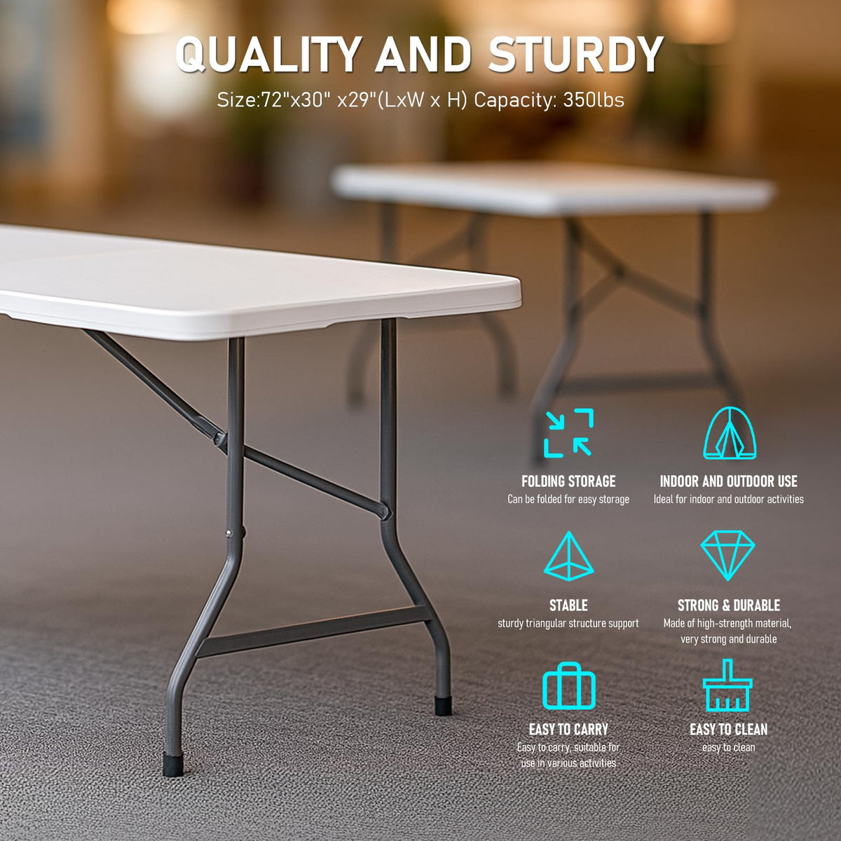 6FT White HDPE Folding Table with Carry Handle Y5614