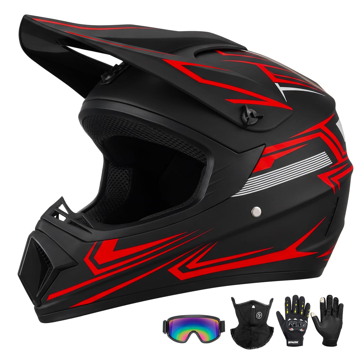 Youth Kids Full Face Motocross Helmet 4PCS Set DOT Approved Red XL W3116