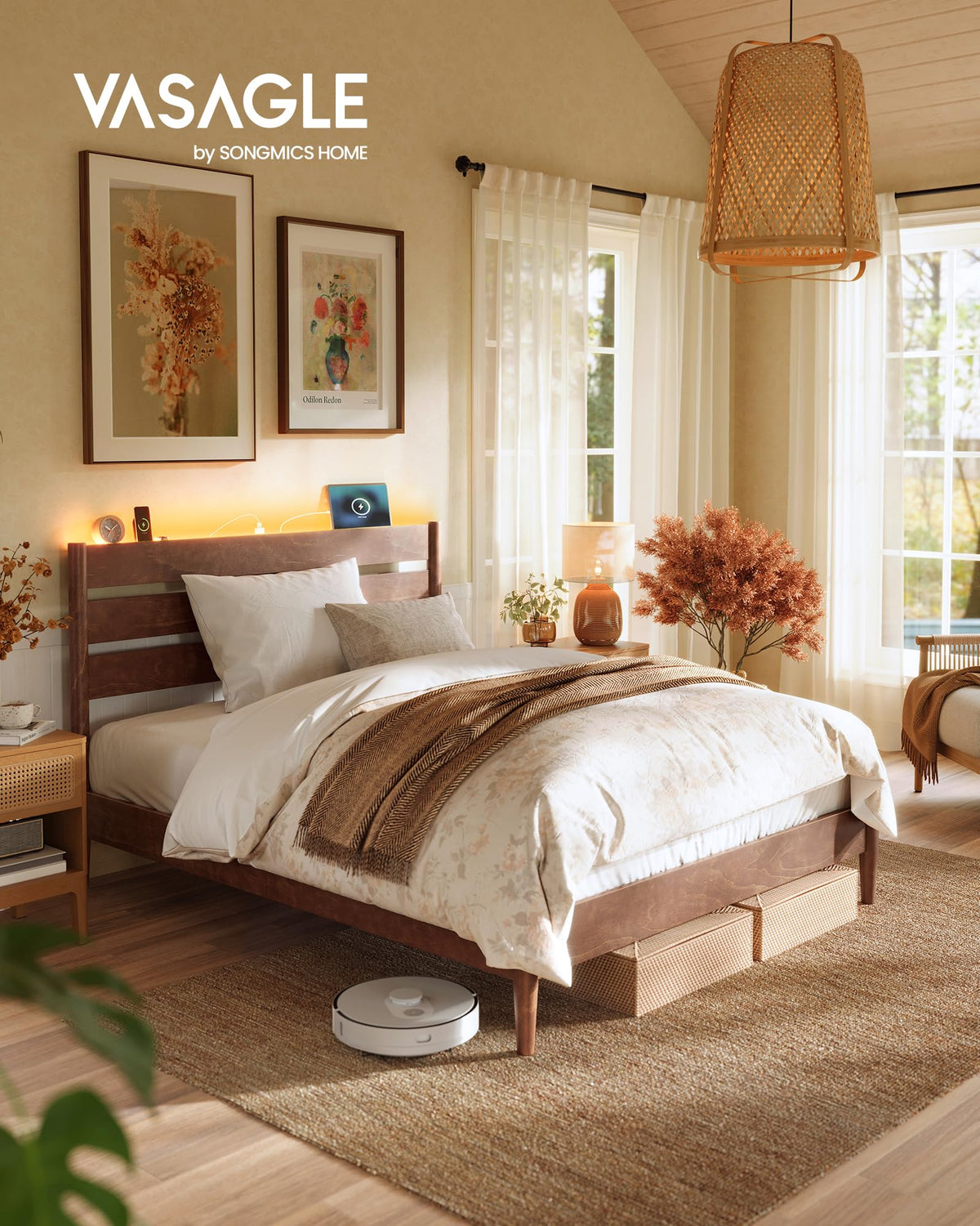 Full Wood Platform Bed with Headboard Storage Shelf W708