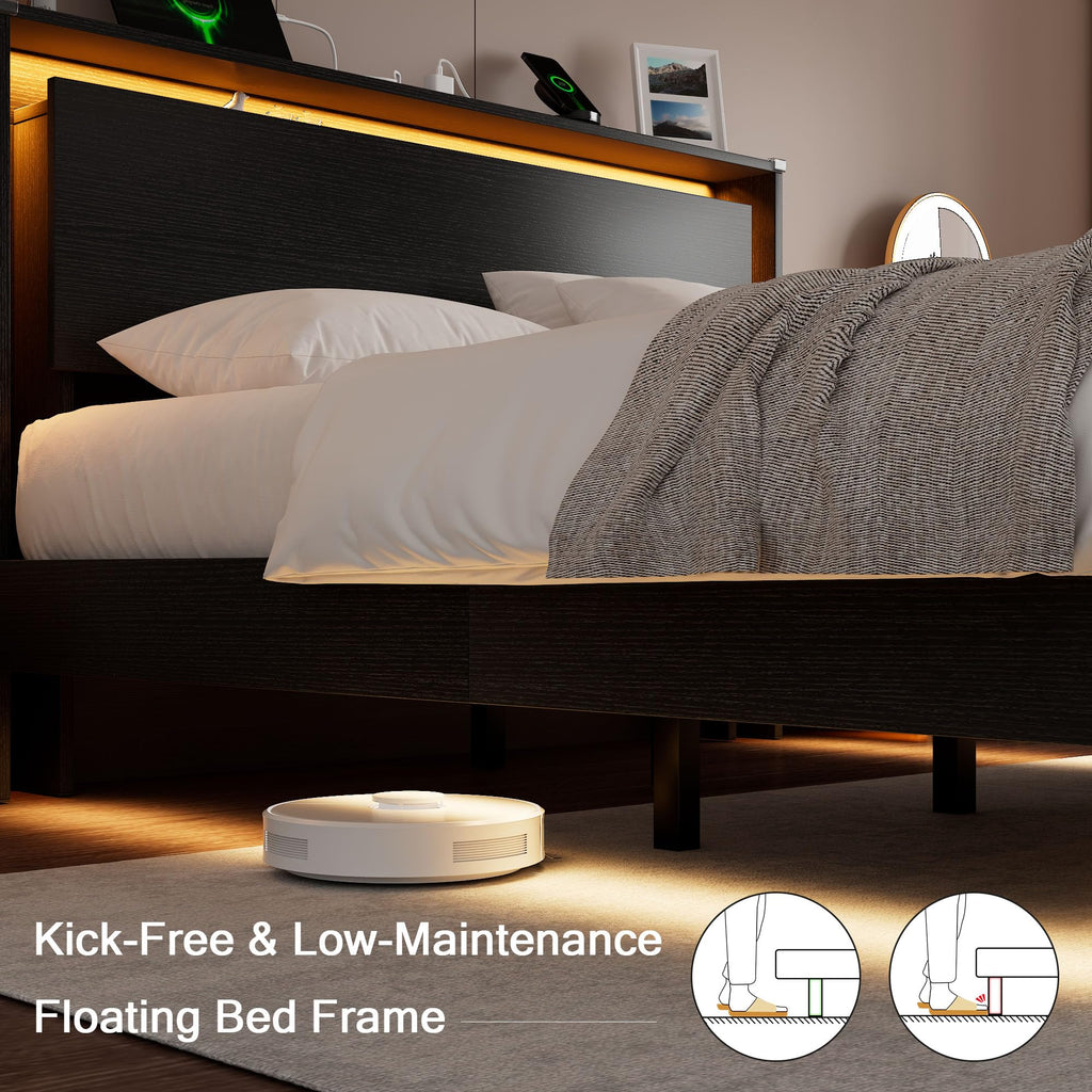 Full Size Wood Bed Frame with Storage Headboard and LED Lights L965116