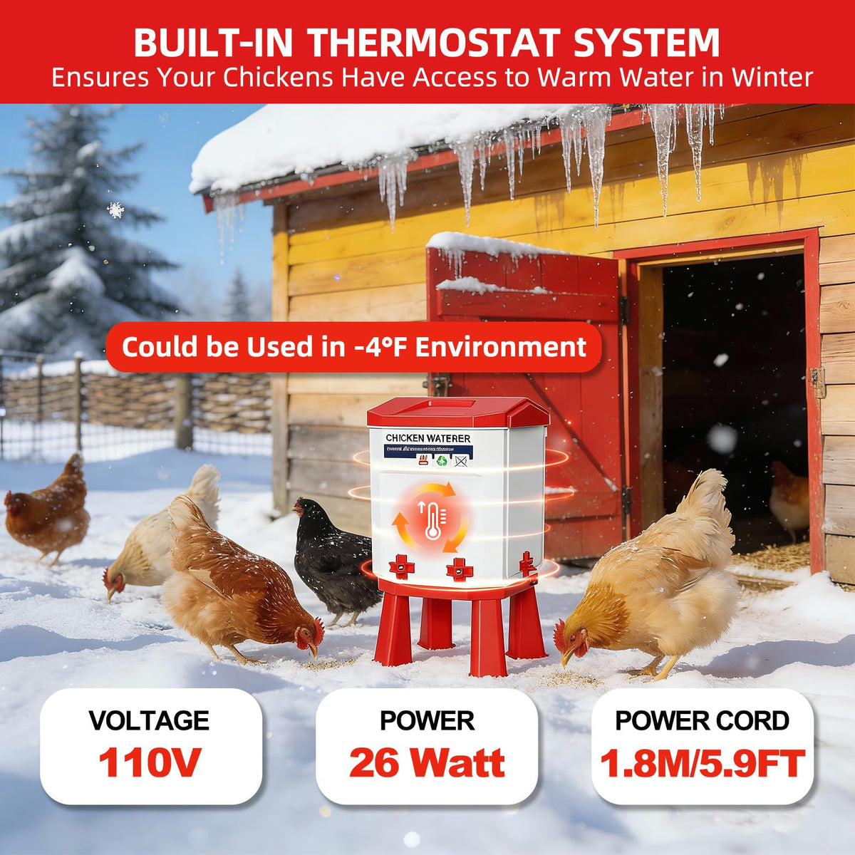3-Gallon Heated Chicken Waterer with Heater and 4 Nipples W381