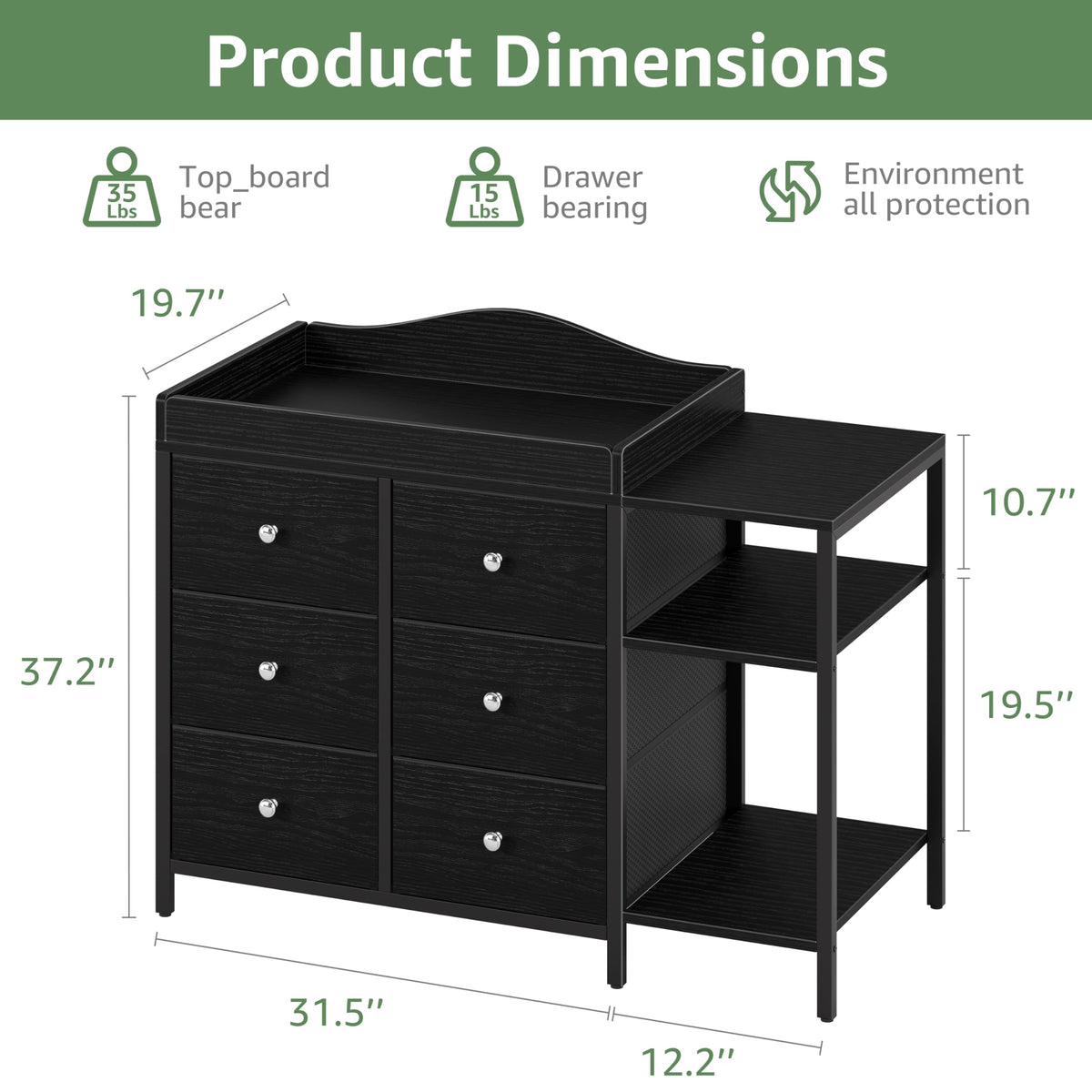 Black 6 Drawer Baby Dresser with Changing Table Top T92717