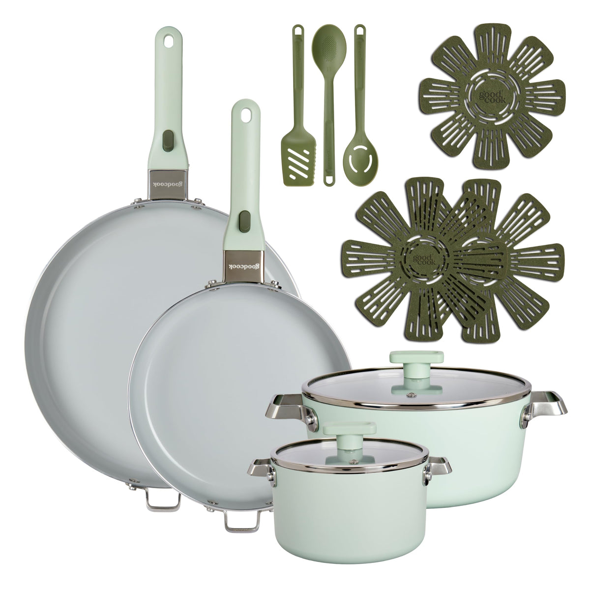 14-Piece Ceramic Cookware Set with Removable Handles, Sage Green G41150