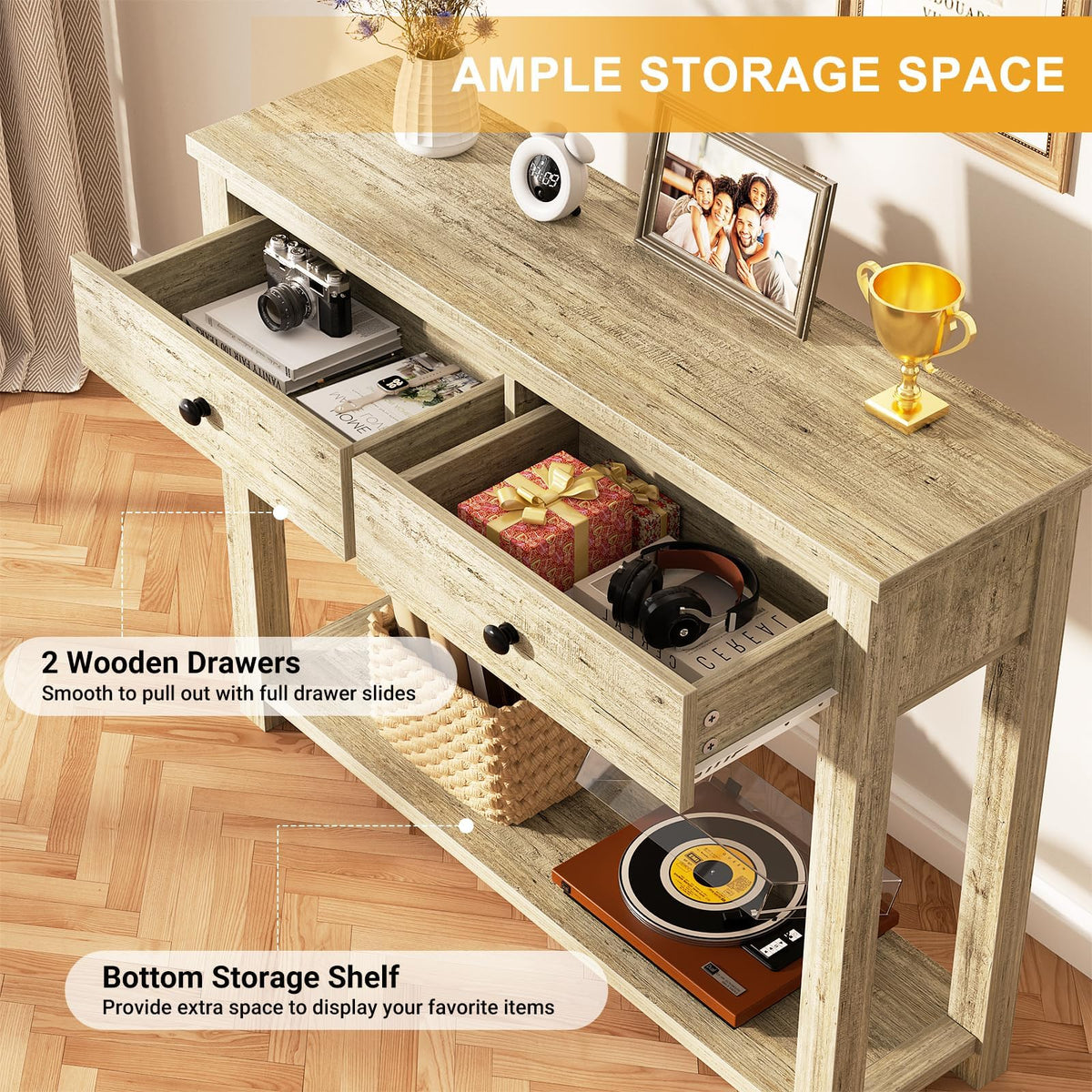 32 Inch Light Rustic Oak Console Table with 2 Drawers J9069
