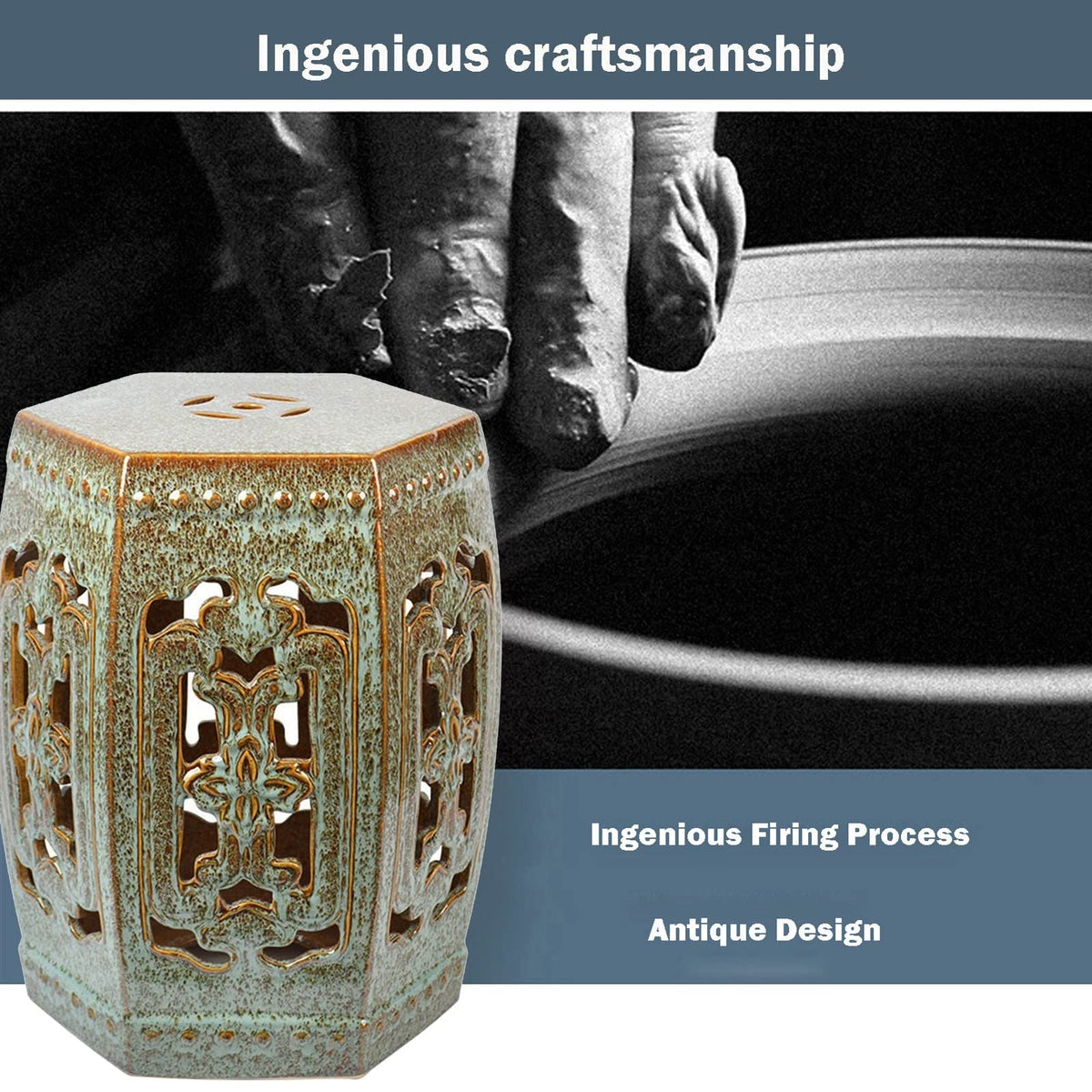 Ceramic Garden Stool Hexagonal Hollow Porcelain Drum Stool H69782
