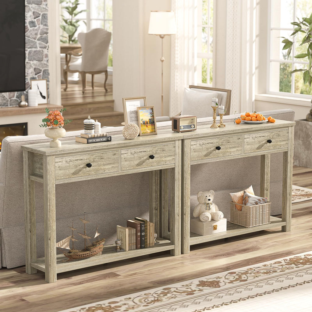 32 Inch Light Rustic Oak Console Table with 2 Drawers J9069