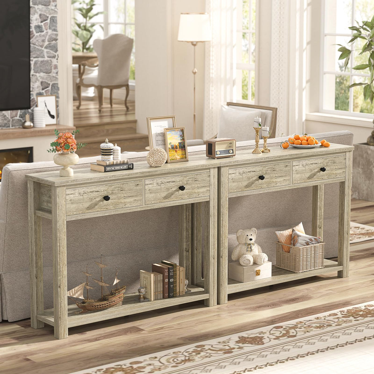 32 Inch Light Rustic Oak Console Table with 2 Drawers J9069
