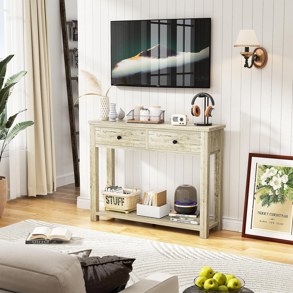 32 Inch Light Rustic Oak Console Table with 2 Drawers J9069