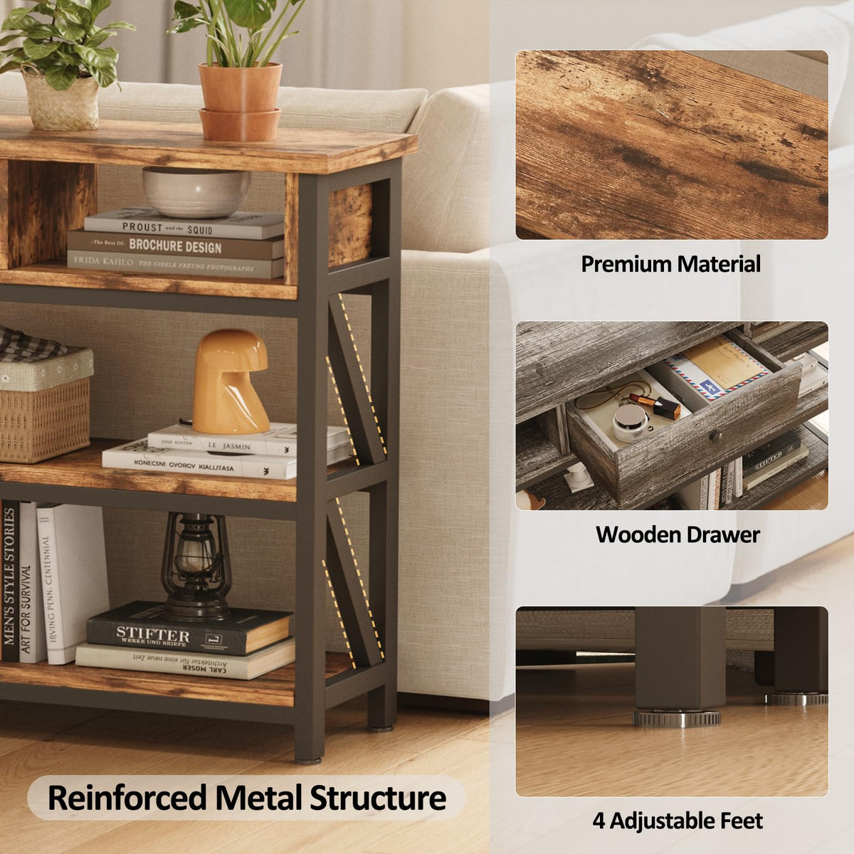47 Inch Rustic Brown Console Table with Drawer Shelves D15325