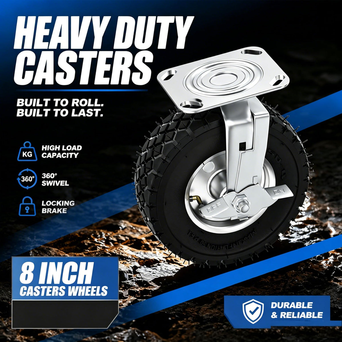 8 Inch Heavy Duty Pneumatic Caster Wheels with Brake, 1000 lbs Capacity, Set of 4 S97988