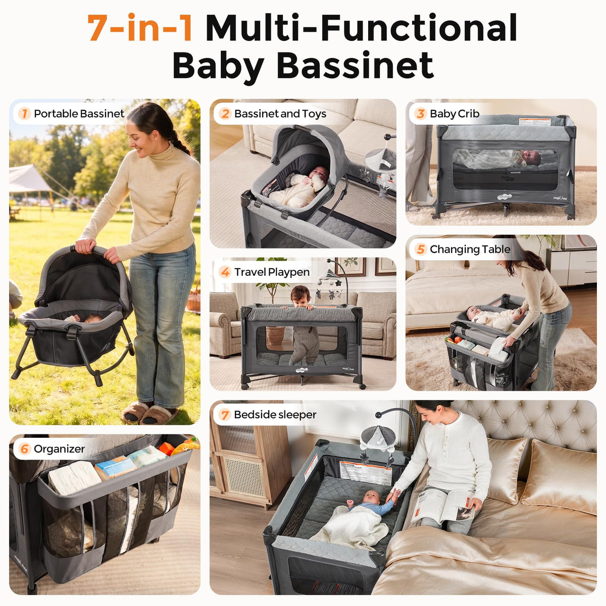 7 in 1 Pack and Play with Bassinet and Changing Station, Portable Electric Baby Swing G50508