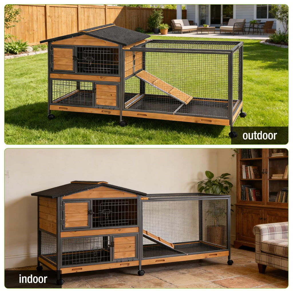 Wooden Rabbit Hutch with Wheels and Pull-Out Tray A543