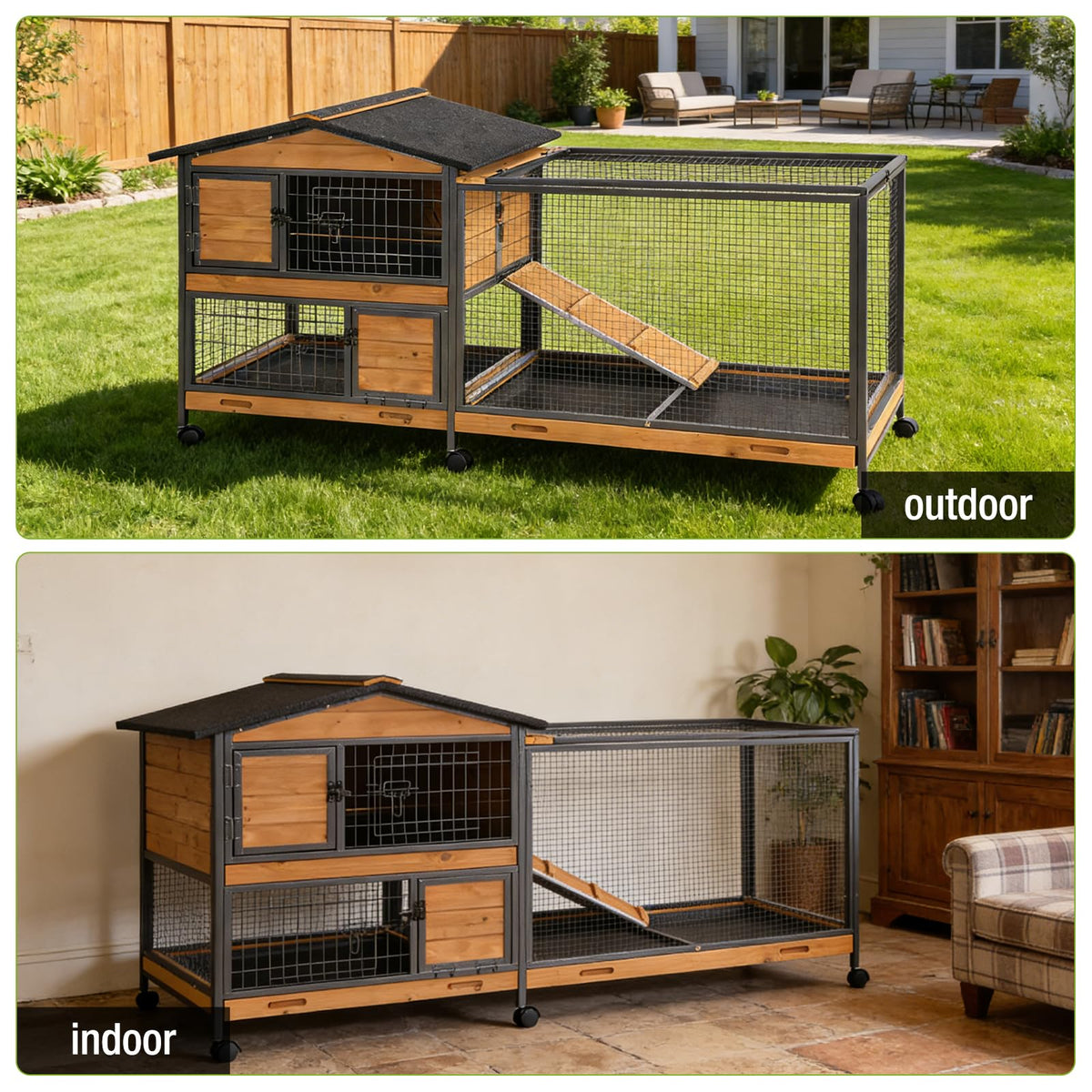 Wooden Rabbit Hutch with Wheels and Pull-Out Tray A543