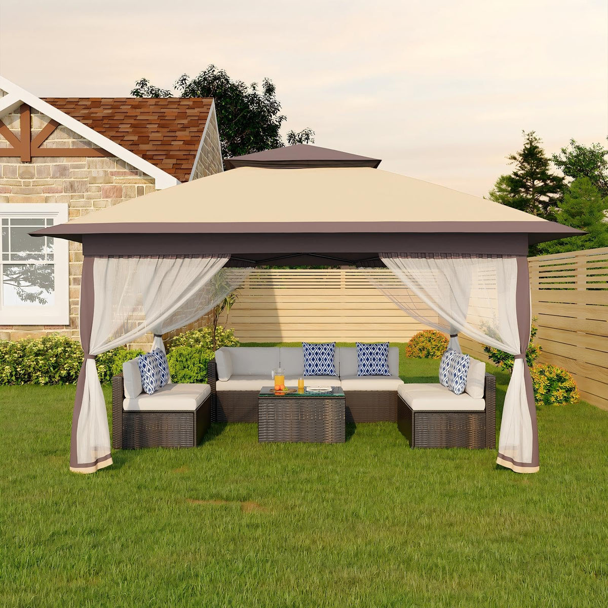12x12FT Pop Up Gazebo with Mosquito Netting, Khaki & Coffee X7558