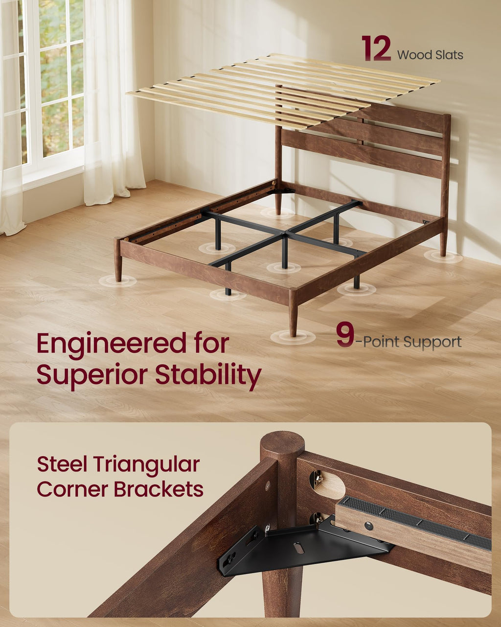 Full Wood Platform Bed with Headboard Storage Shelf W708