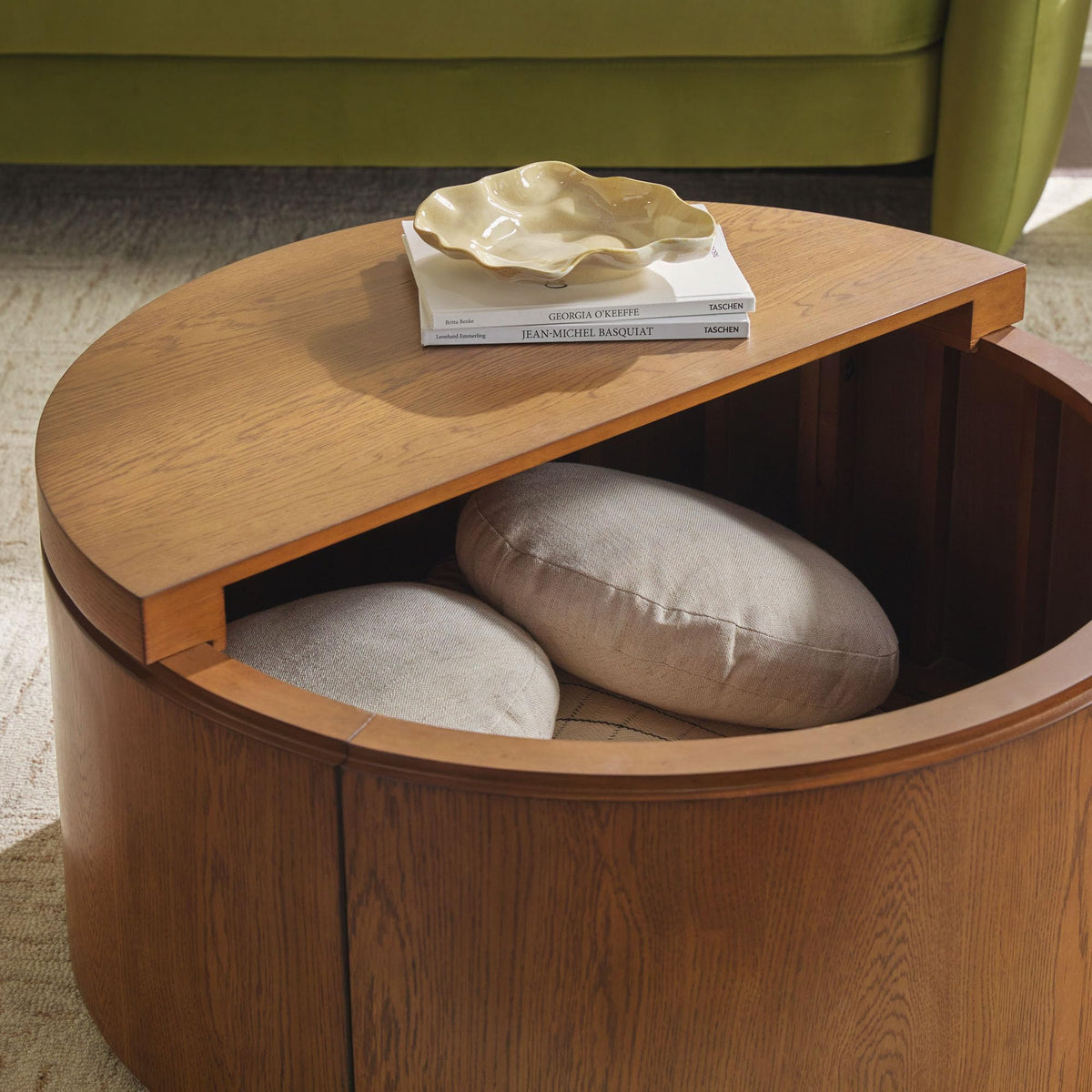 Solid Oak Wood Veneer Coffee Table with Storage, 36 Inch, Medium Brown Oak B13294