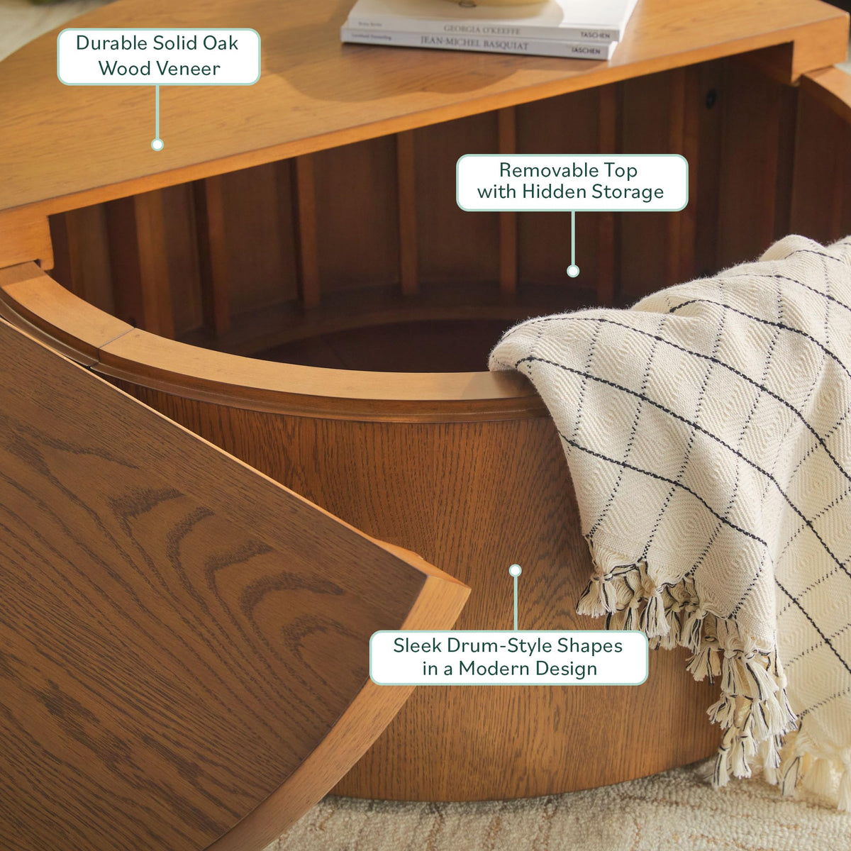 Solid Oak Wood Veneer Coffee Table with Storage, 36 Inch, Medium Brown Oak B13294