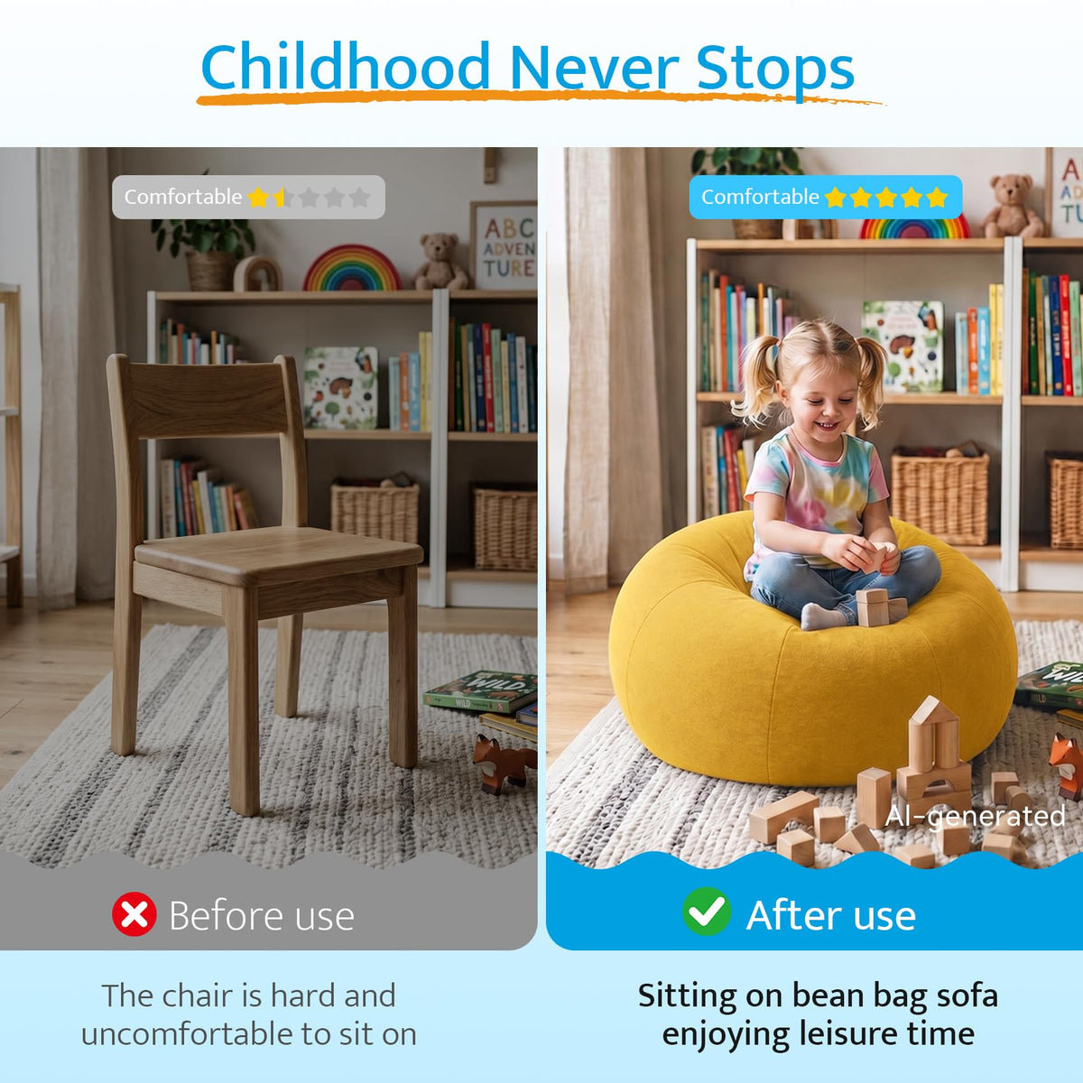 Kids Bean Bag Chair with Armrests F7842