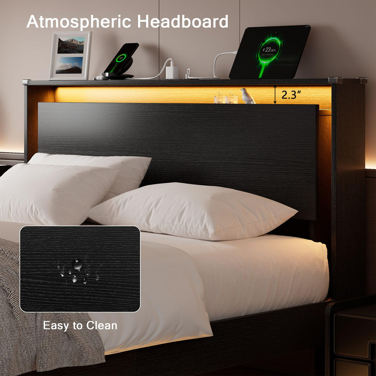 Full Size Wood Bed Frame with Storage Headboard and LED Lights L965116