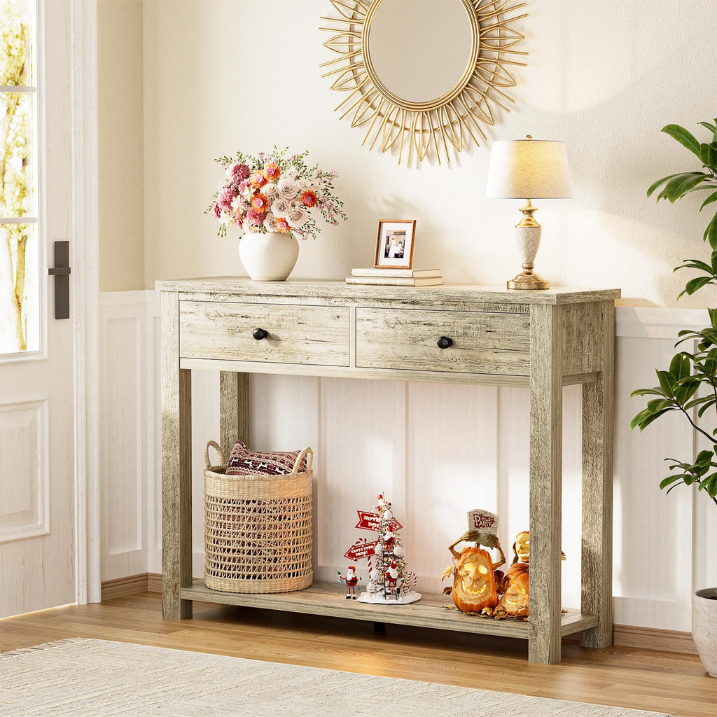 32 Inch Light Rustic Oak Console Table with 2 Drawers J9069