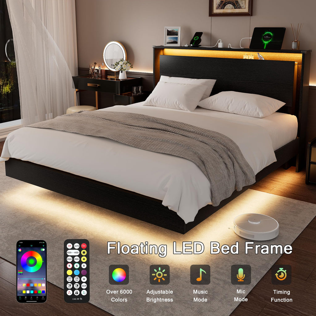 Full Size Wood Bed Frame with Storage Headboard and LED Lights L965116