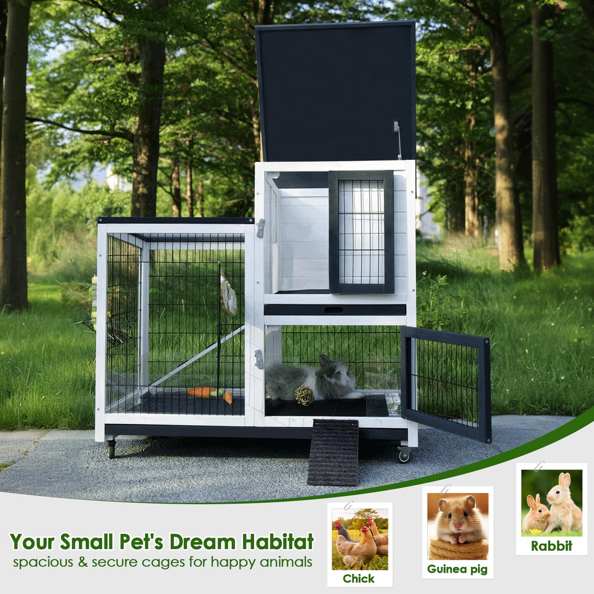 White Indoor Outdoor Rabbit Hutch with Tray A294