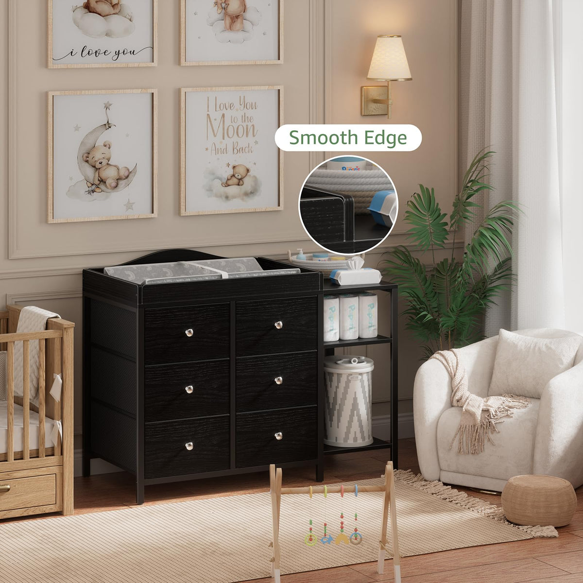 Black 6 Drawer Baby Dresser with Changing Table Top T92717