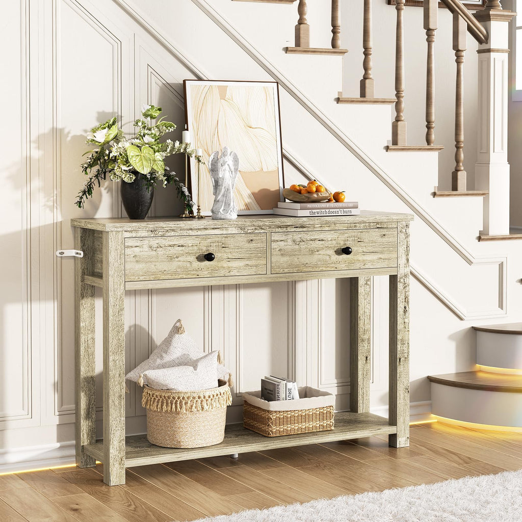 32 Inch Light Rustic Oak Console Table with 2 Drawers J9069