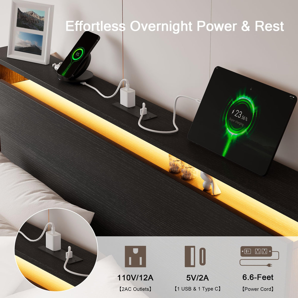 Full Size Wood Bed Frame with Storage Headboard and LED Lights L965116