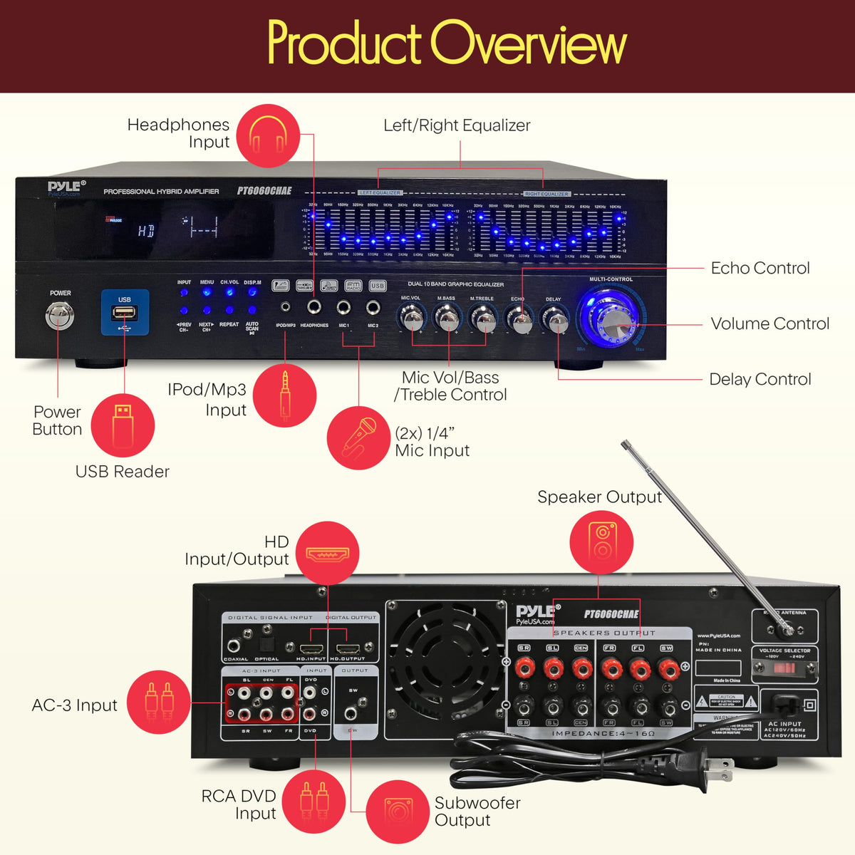 2000W 6-Channel Bluetooth Hybrid Home Amplifier Y213767