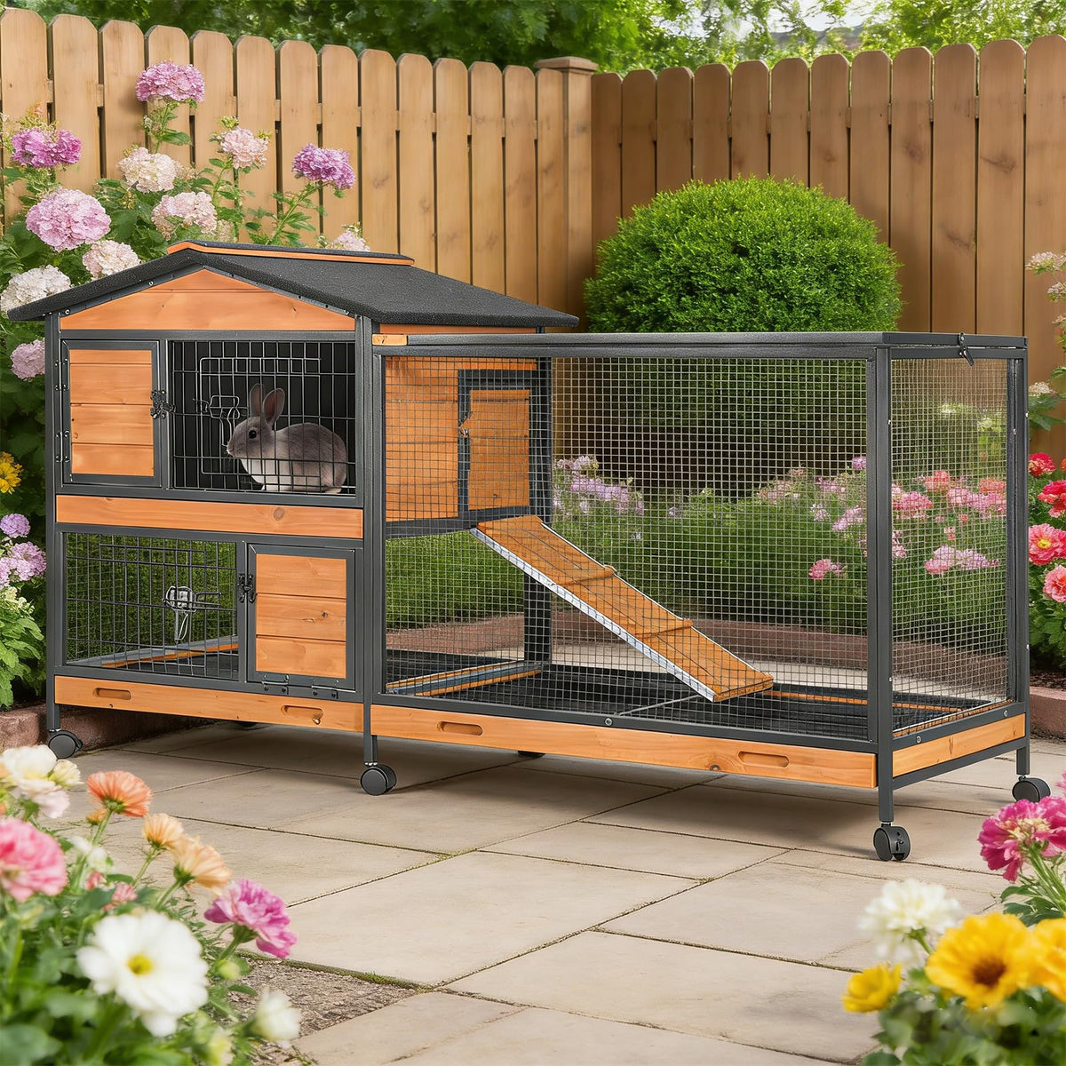 Wooden Rabbit Hutch with Wheels and Pull-Out Tray A543