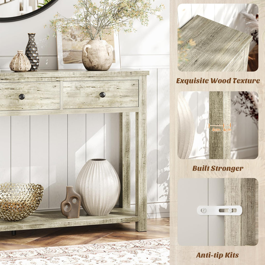32 Inch Light Rustic Oak Console Table with 2 Drawers J9069