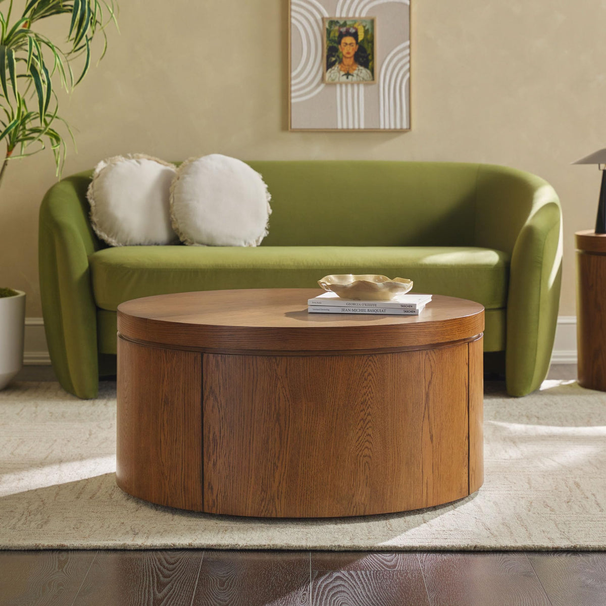 Solid Oak Wood Veneer Coffee Table with Storage, 36 Inch, Medium Brown Oak B13294