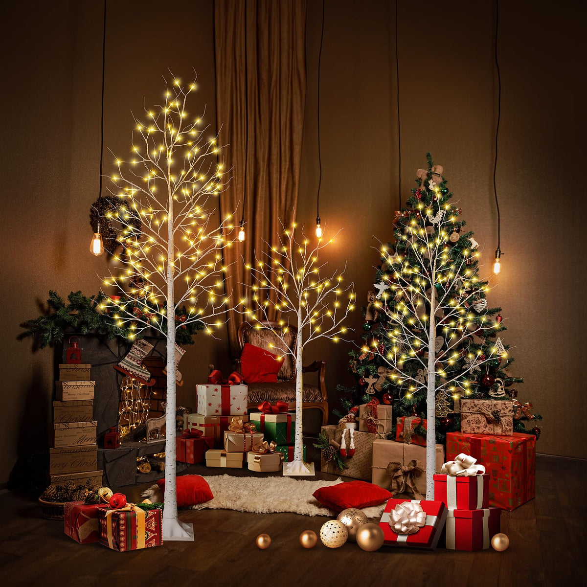 White Birch Tree with Lights Set of 3 Christmas Decorations with Warm White Lights I678