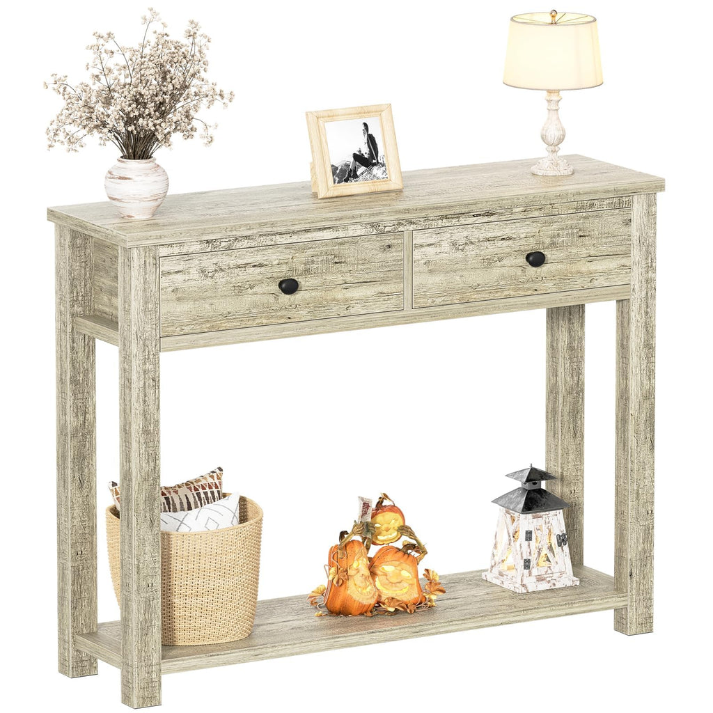 32 Inch Light Rustic Oak Console Table with 2 Drawers J9069