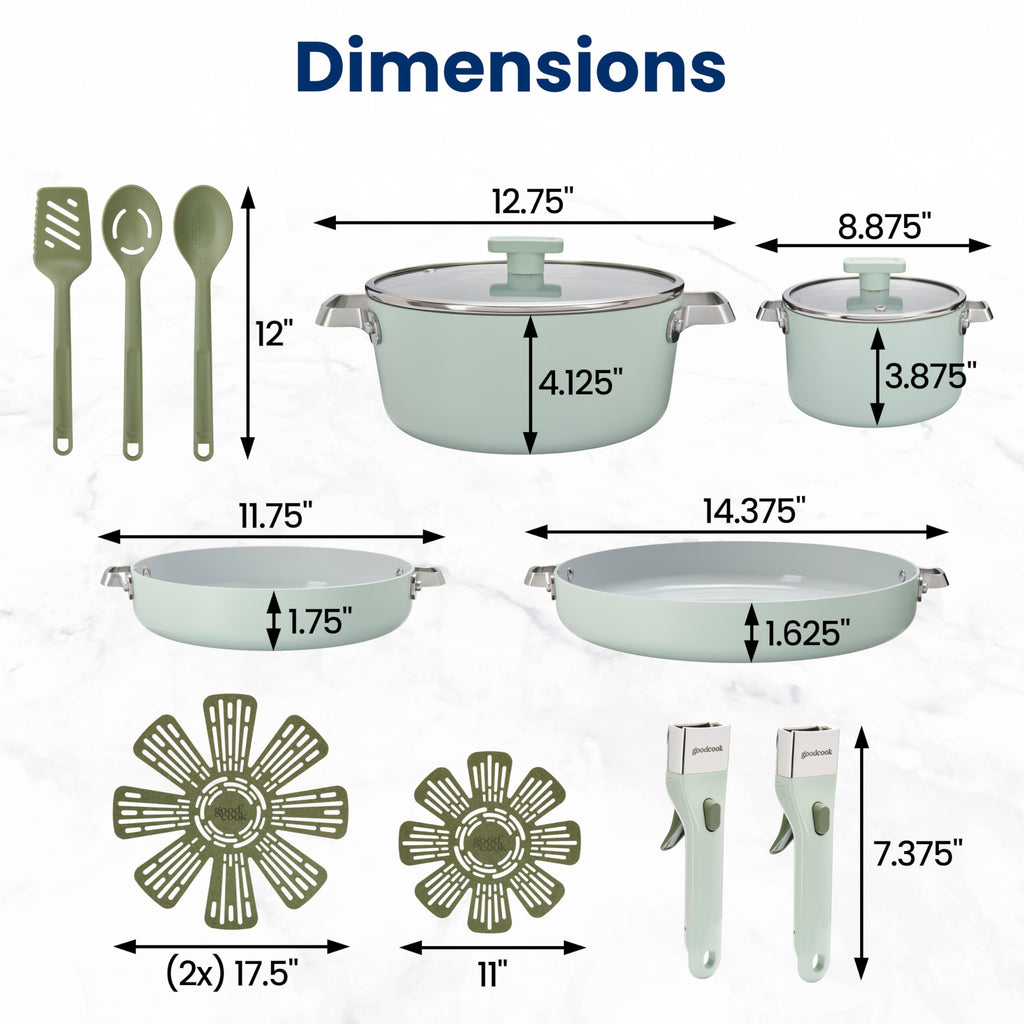14-Piece Ceramic Cookware Set with Removable Handles, Sage Green G41150