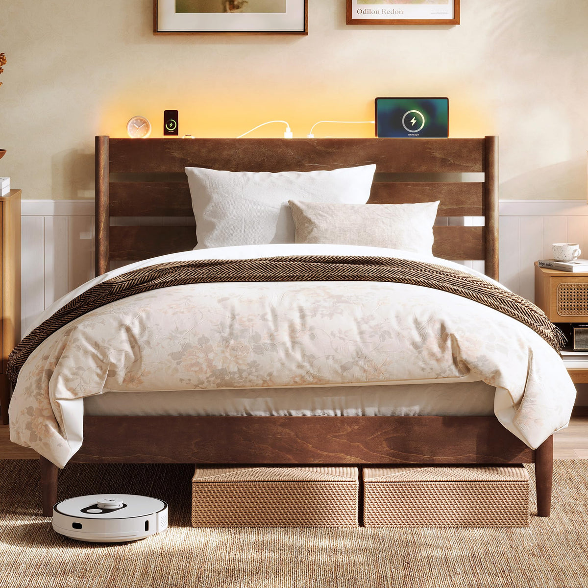 Full Wood Platform Bed with Headboard Storage Shelf W708